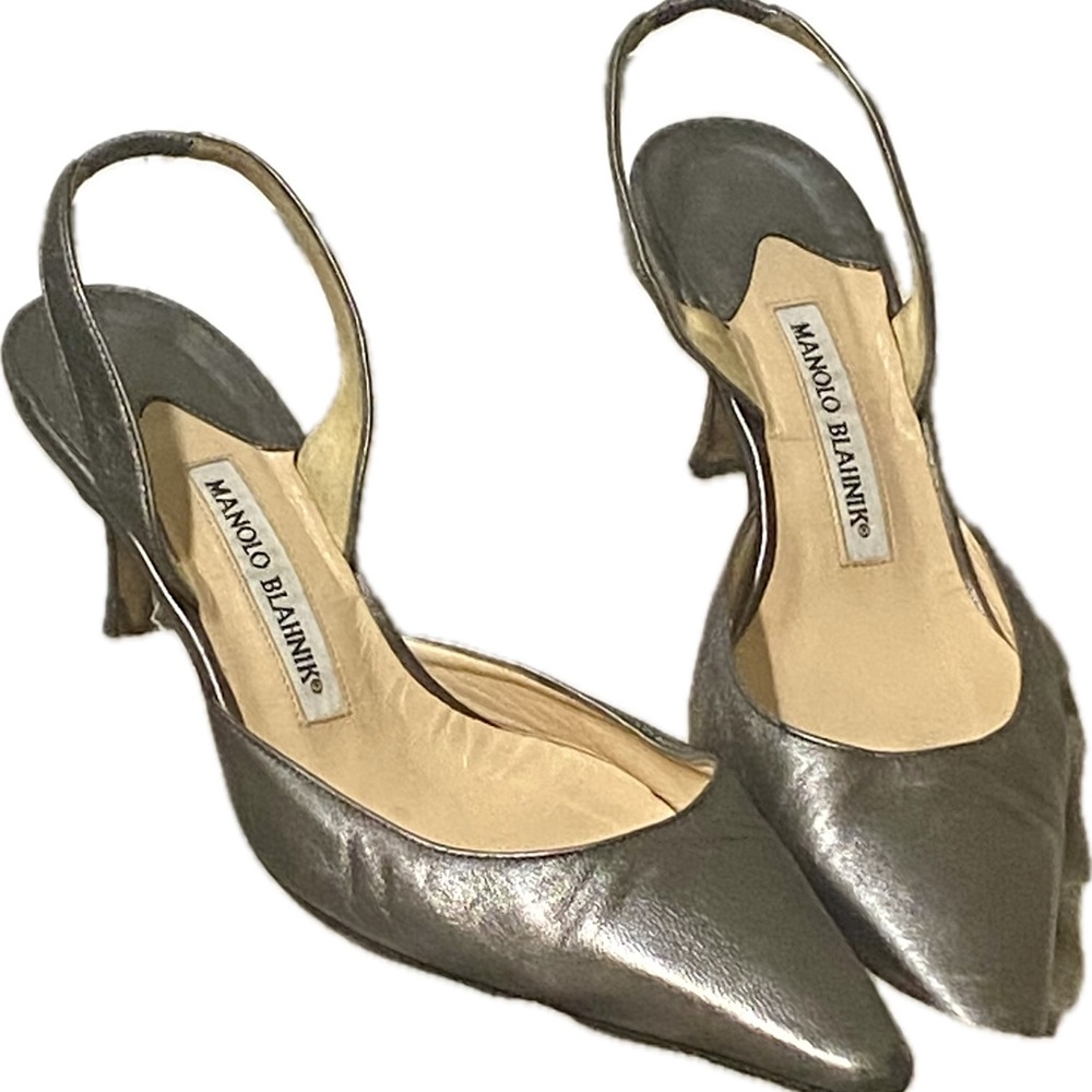 Manolo Blahnik gunmetal sling back pumps